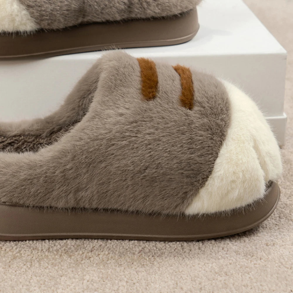 3D Cat Paw Plush Slippers Warm Slip-on House Shoes Anti Slip Flat Thermal Slippers Furry Paw Couple Slippers for Autumn Winter Pi-Mart