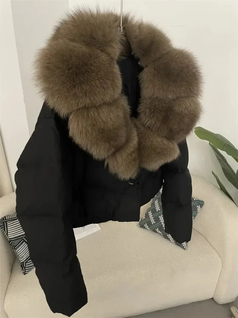 Down Jacket Women Short Puffer Jacket Thick New Big Natural Real Fox Fur Coat  Autumn Winter Female White Duck Down Coat Feather LadyShow.Store