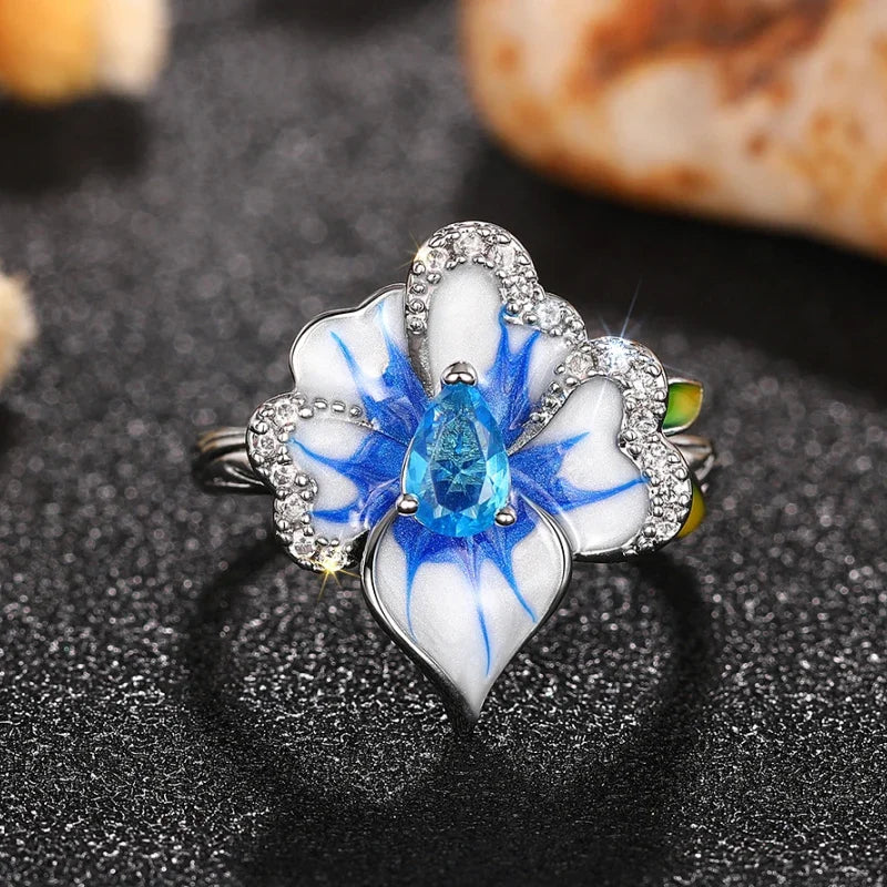 Huitan Gorgeous Creative Rings with Blue Flower Designed Elegant Temperament Party Jewelry for Women Delicate Finger Accessories Pi-Mart