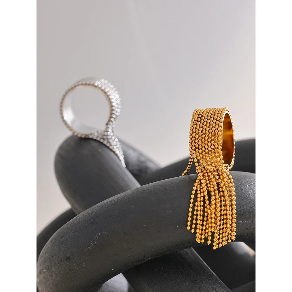 Yhpup Statement Stainless Steel Chain Tassel Finger Ring Adjustable 18K PVD Plated High Quality Charm Stylish Golden Jewelry Pi-Mart