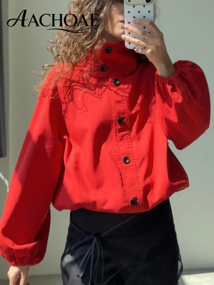 AACHOAE Women High Neck Lightweight Jacket Casual Long Sleeve Windbreaker Coat Drawstring Hem Button Front Short Outerwear Pi-Mart