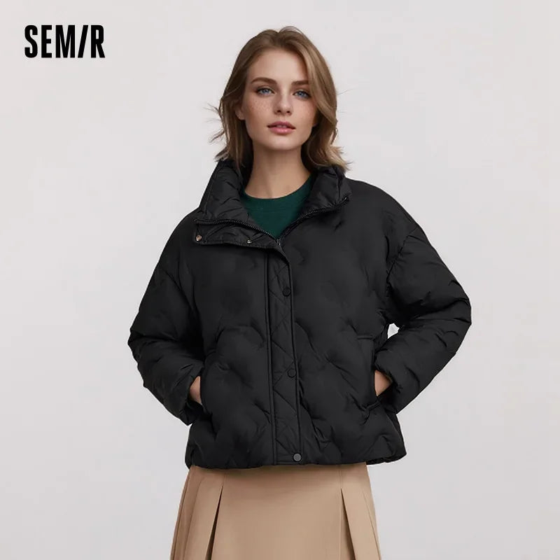Semir Down Jacket Women Thin Houndstooth Loose 2024 New Winter Waterproof Windproof Stand-Up Collar Wear Down Jacket LadyShow.Store