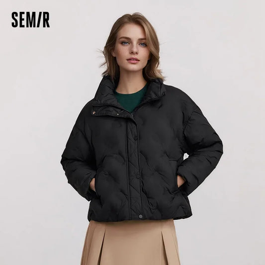 Semir Down Jacket Women Thin Houndstooth Loose 2024 New Winter Waterproof Windproof Stand-Up Collar Wear Down Jacket LadyShow.Store