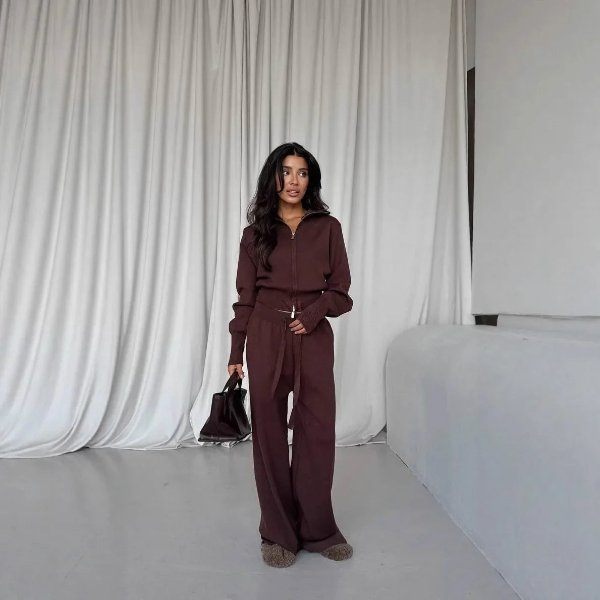 Women Cotton Knitted Cardigan Wide Leg Pants Suit Autumn and Winter Lady  Fashion Loose Daily Office Jacket Straight Pants 2Pcs LadyShow.Store