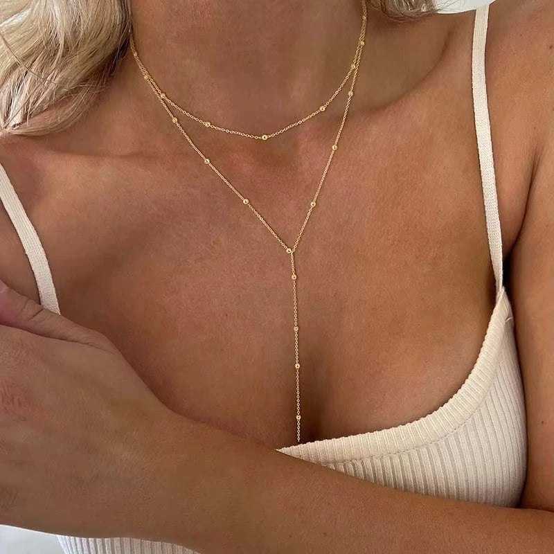 Stainless Steel Lariat Necklace Gold Plated, Dainty Long Necklace Laryered Necklaces For Women Girls, Y Shape Drop Pendant Pi-Mart