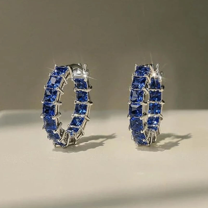 Huitan Princess Square Cubic Zirconia Hoop Earrings Luxury Trendy Ear Circle Earrings for Women Fashion Versatile Female Jewelry Pi-Mart
