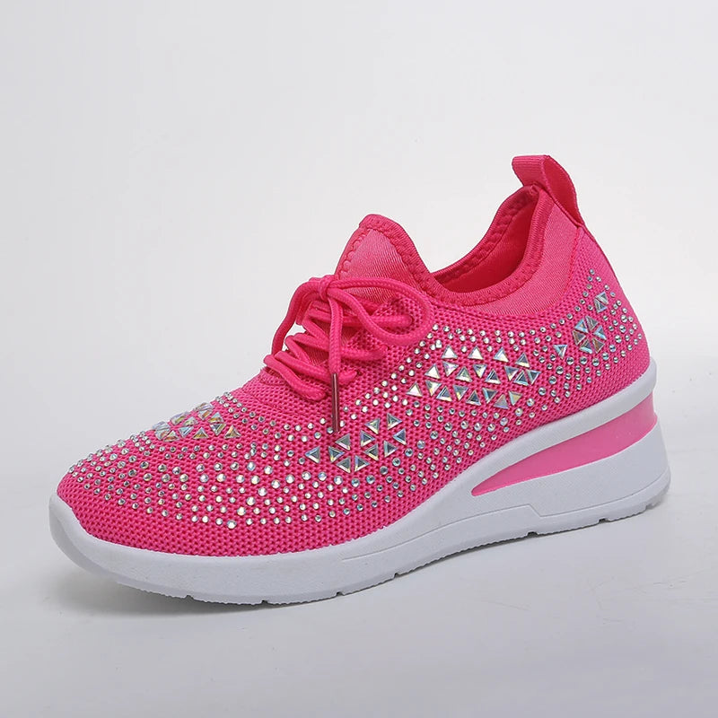 Women's Rhinestone Embellished Knit Mesh Wedge Sneakers, Adjustable Lace-Up Closure, Daily Walking Casual Footwear Pi-Mart