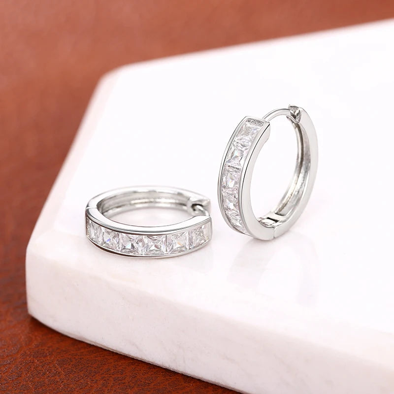 Huitan Hoop Earrings with Princess Cubic Zirconia Exquisite Ear Circle Earrings for Women Silver Color Fashion Versatile Jewelry Pi-Mart
