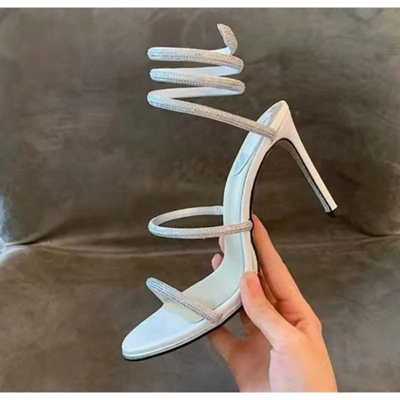 Fashion Summer Snake Twine Around Crystal Women Sandals Luxury Rhinestones Thin High heels Gladiator Sandals  Party Prom Shoes Pi-Mart