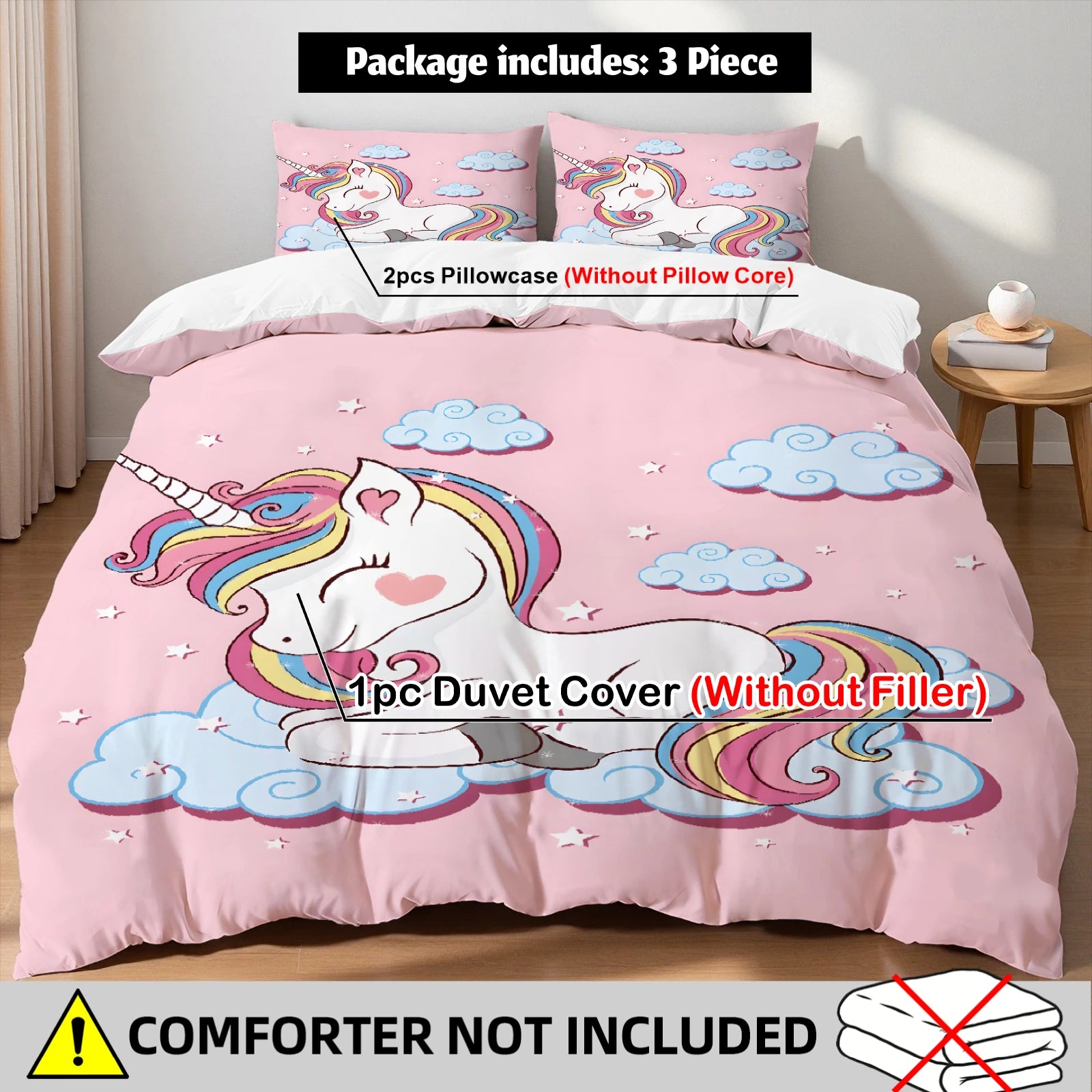 Cute Rainbow Unicorn Duvet Cover Set Pink Cloud Star Bedding For Kids Girls Bedroom Twin Queen King Size With 2 Pillowcases Pi-Mart