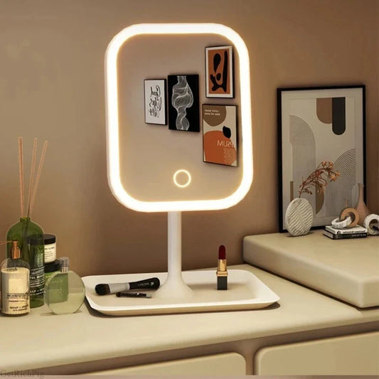 Unique Designer Vanity Mirror Three ColorsLEDLight Makeup Mirror Touch Control Desktop Mirror Bedroom Dressing Mirror Tri Light Beauty