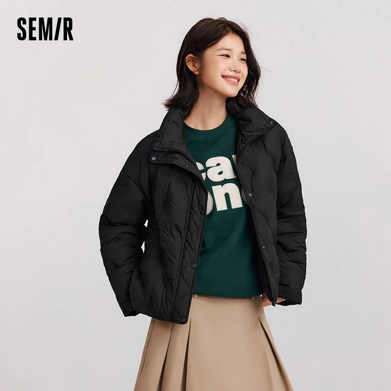 Semir Down Jacket Women Thin Houndstooth Loose 2024 New Winter Waterproof Windproof Stand-Up Collar Wear Down Jacket LadyShow.Store