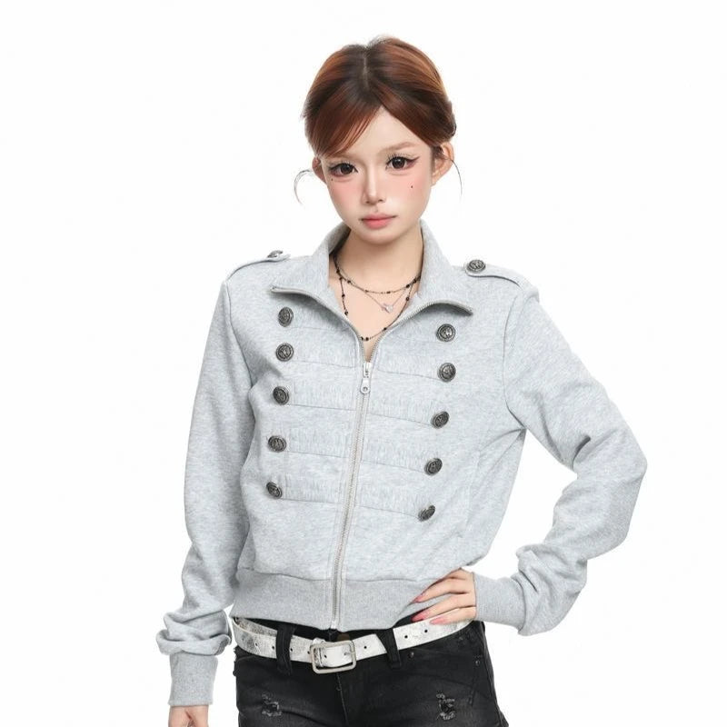 Vintage Cropped Jackets Women Harajuku Casual Slim Fit Zipper Coat Y2K Streetwear Long Sleeve Outerwear Autumn New Arrival Pi-Mart