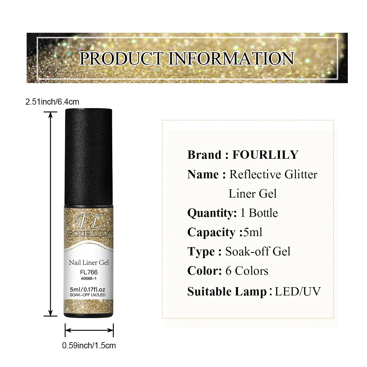 FOUR LILY 5ml Reflective Glitter Liner Nail Gel Polish Gold Silver Red Sparkling Nail Supplies UV/LED Varnish Painting Gel Tri Light Beauty