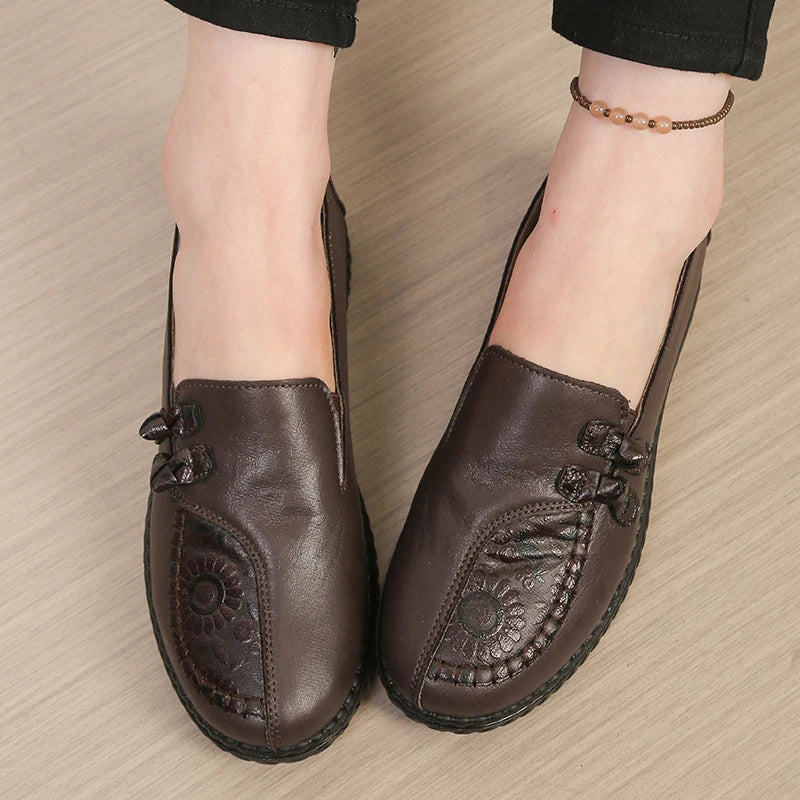 Women's Leather Flat Shoes, Spring and Autumn Women's Loafers, Single Classic Mom Shoes, Anti-Slip Comfortable and Free Shipping Pi-Mart