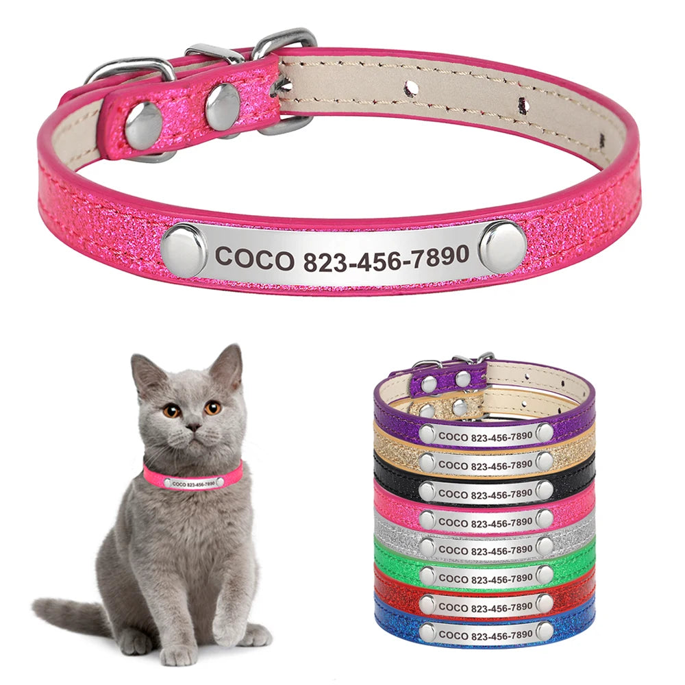 Personalized Cat Collar Custom Leather Cat Collars Free Engraved Puppy Kitten ID Necklace Bling Pet Collars for Small Dogs Cats Pi-Mart
