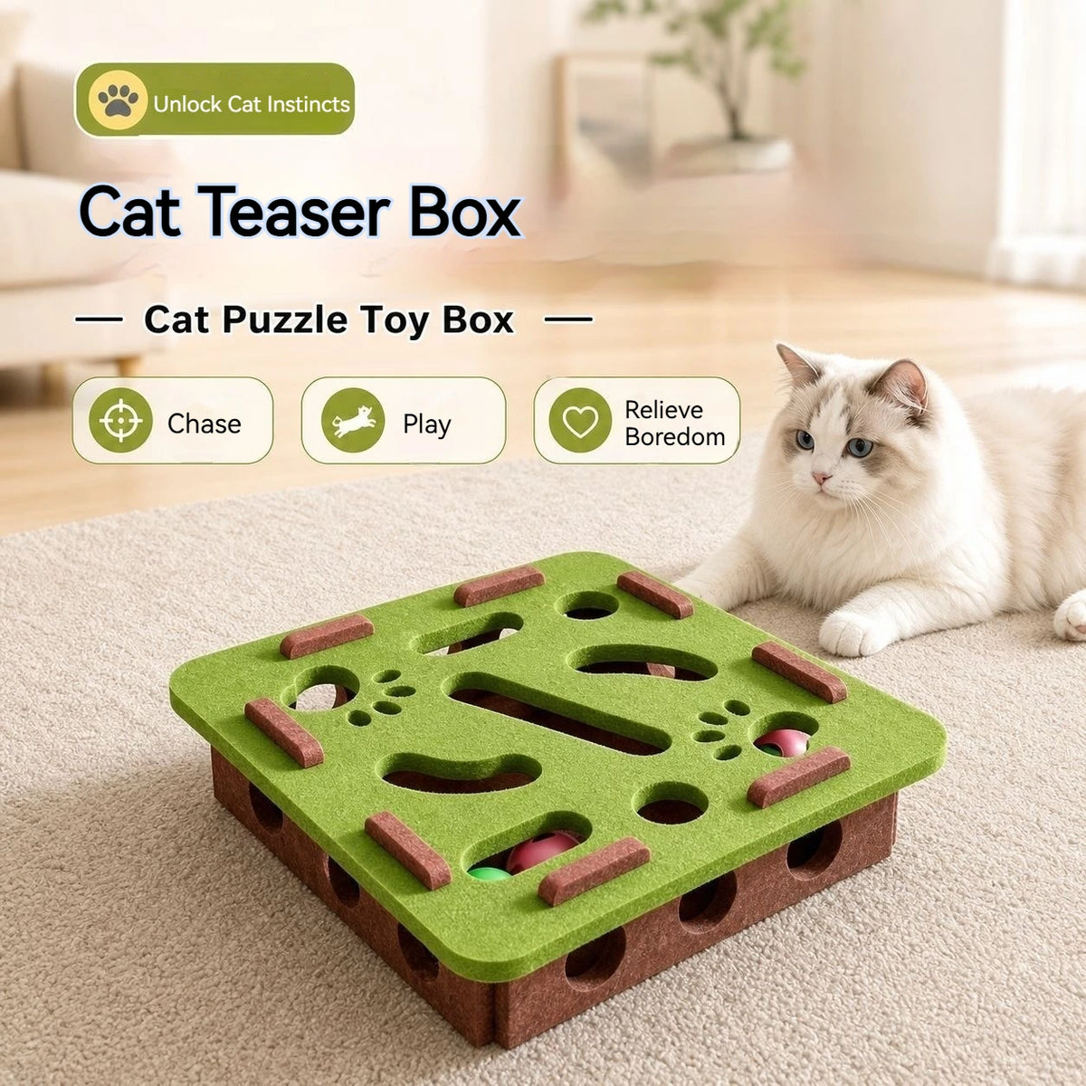 Interactive Cat Toy Felt Maze Box with Bell Ball Self Play Cat Teaser Box Stimulate Hunting Instinct Relieve Boredom Stress Pi-Mart