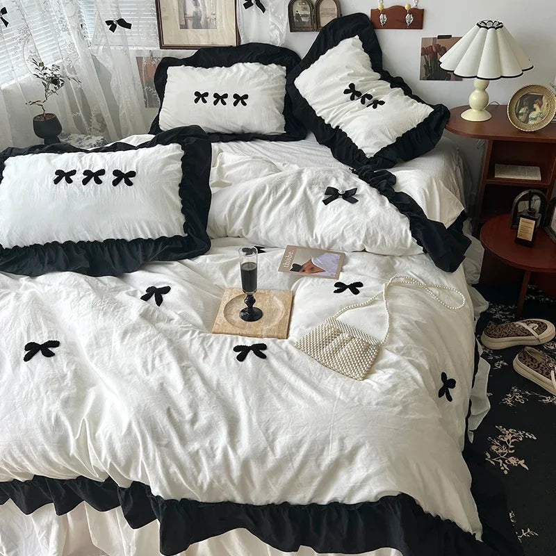 Black Bow Cotton Bedding Set, Princess Style Cute Girl Skin Friendly Soft Duvet Cover, Bed Sheet or Bed Skirt Pillowcase Pi-Mart