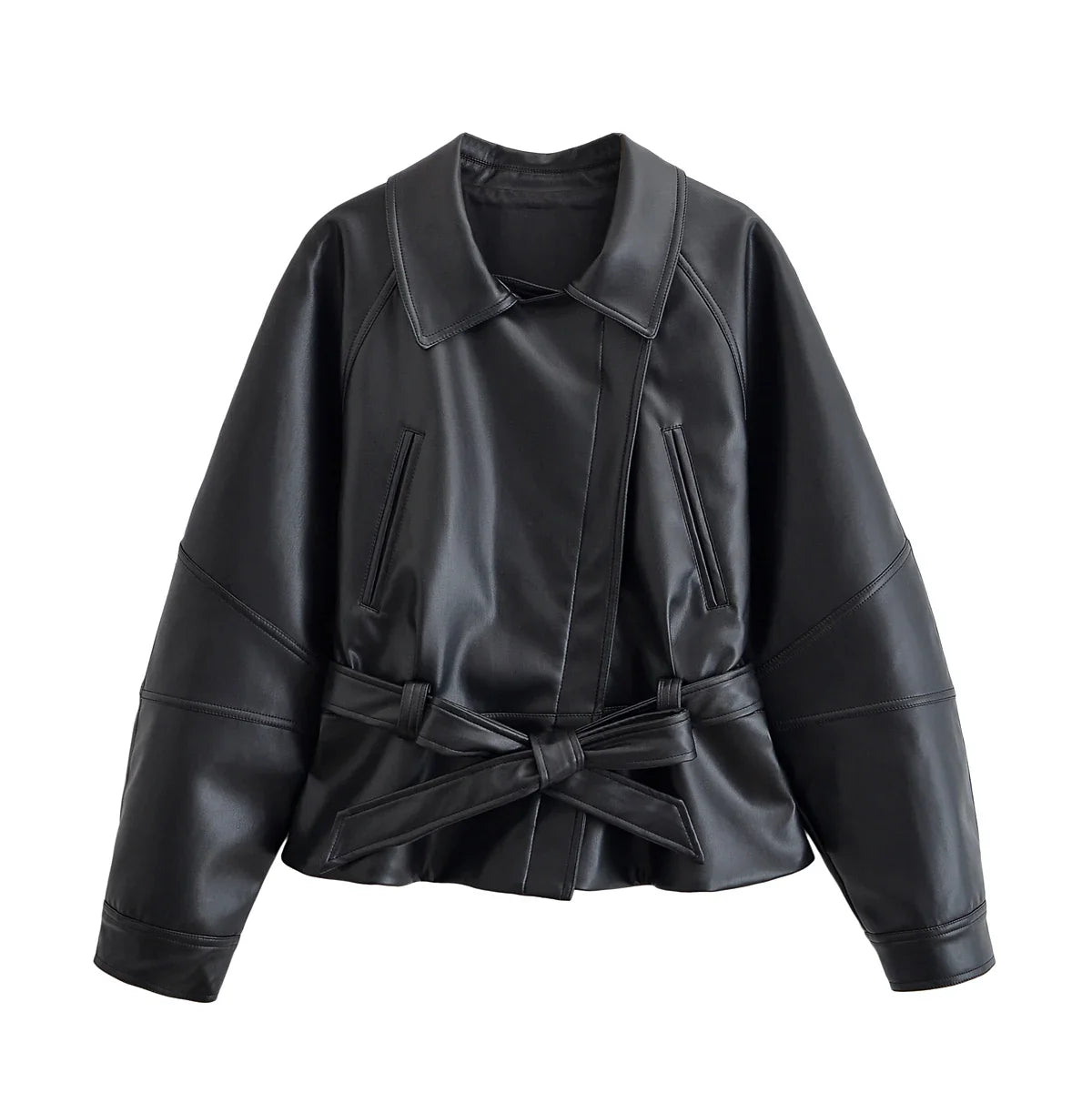 HH Women Fashion Black Short Faux Leather Trench Coat Long Sleeve Lapel Jacket With Belt Vintage Lady Motorcycle Jacket Outwear LadyShow.Store