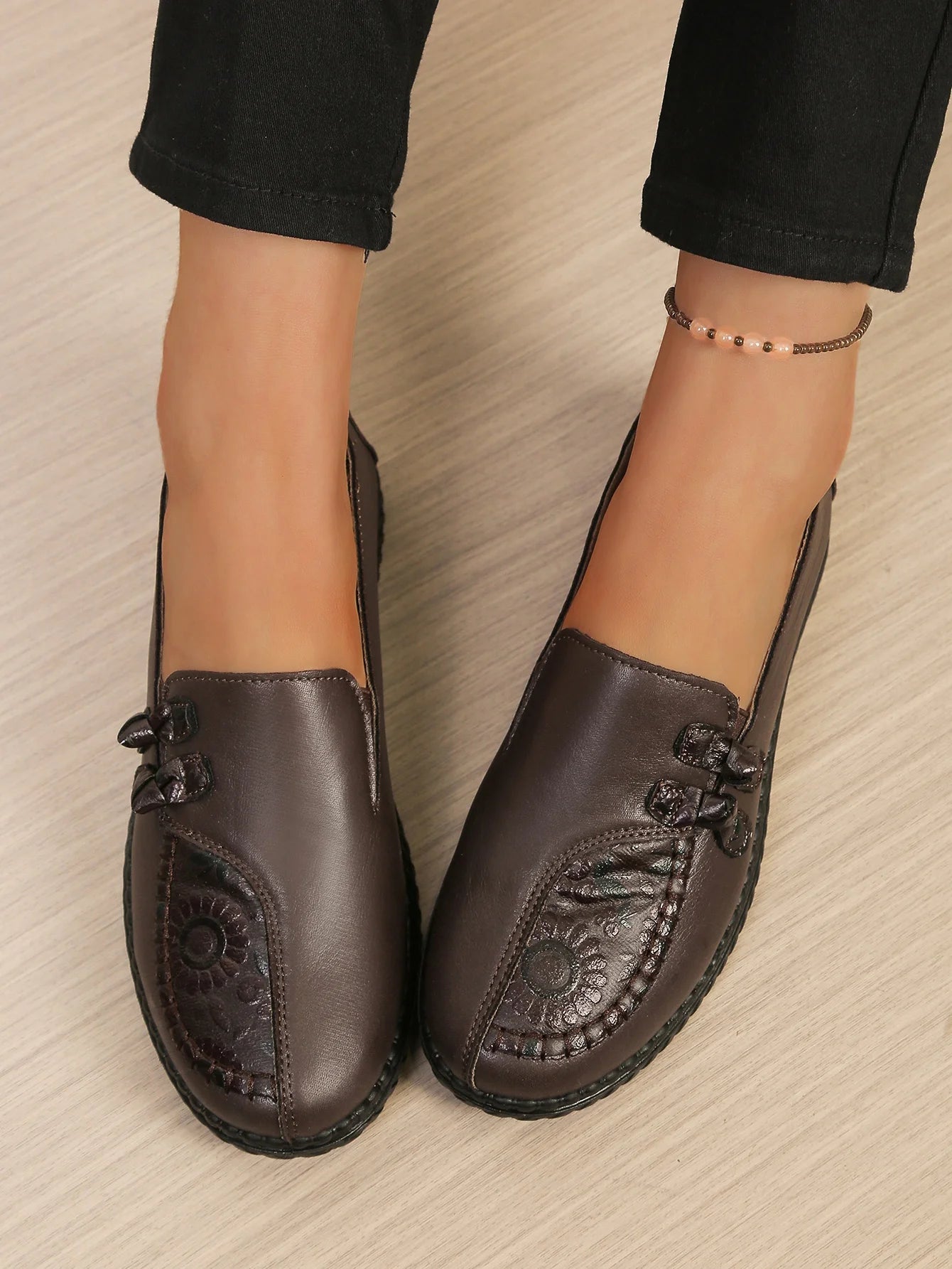 Women's Spring Autumn Leather Loafers Floral Embossed Slip‑On Flats Anti‑Slip Comfort Casual Mom Daily Walking Free Shipping Pi-Mart