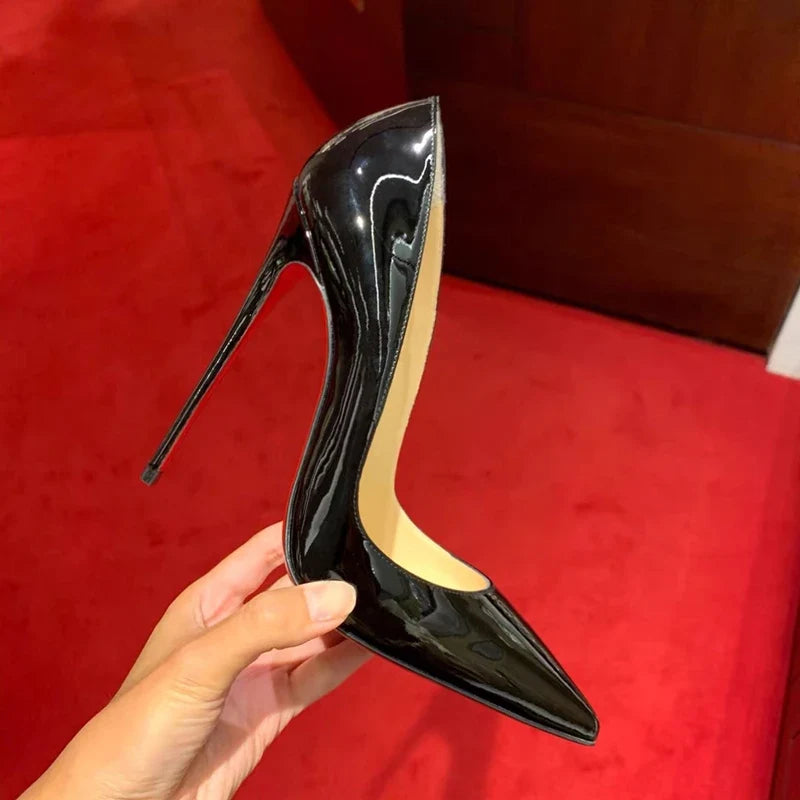 New Shallow Classic Patent Leather 12cm Fashionable and Versatile Work High Heels Nude 10cm Thin Heel Plus Size 33-46 LadyShow.Store