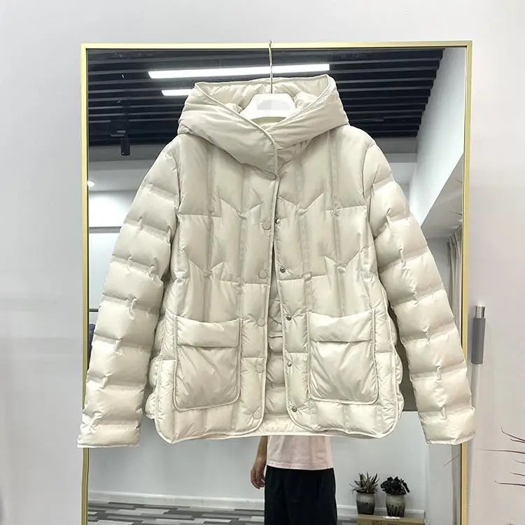 90% White Duck Down Women Down Jackets 2023 New Female Stand Collar Single-Breasted Puffer Jacket Casual Loose Hooded Parkas LadyShow.Store