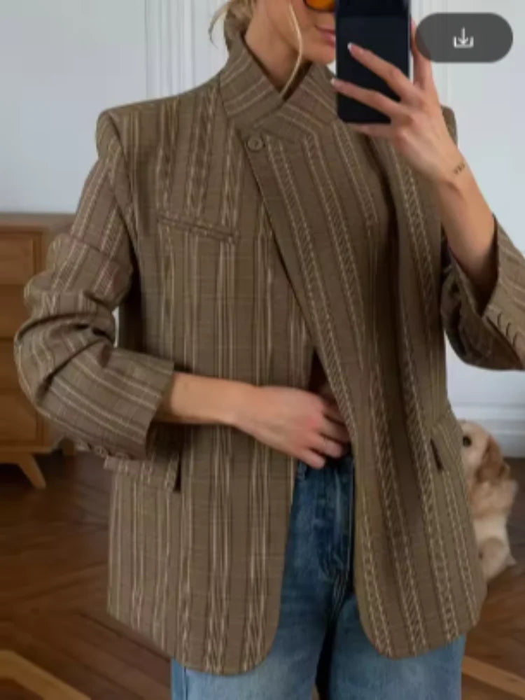 Women Plaid Print Blazer Jacket Fashion Stand Collar Full Sleeve One Button Loose Short Coat Chic Lady Daily Commute Outerwears LadyShow.Store