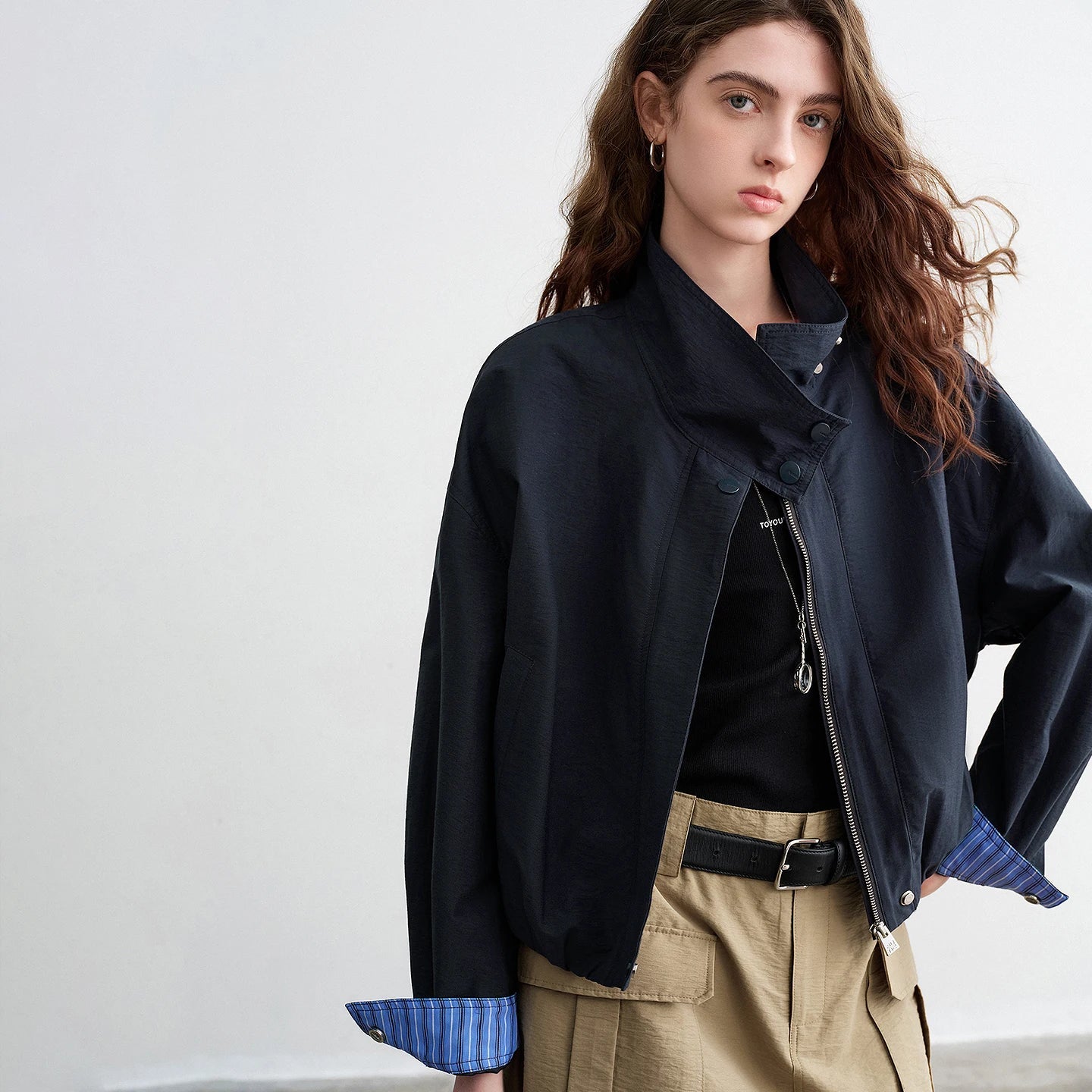 TOYOUTH Women Slub Cotton Jackets 2026 Spring New Cropped Tulip Silhouette Striped Cuff - Turn Up Stand Collar Tops LadyShow.Store