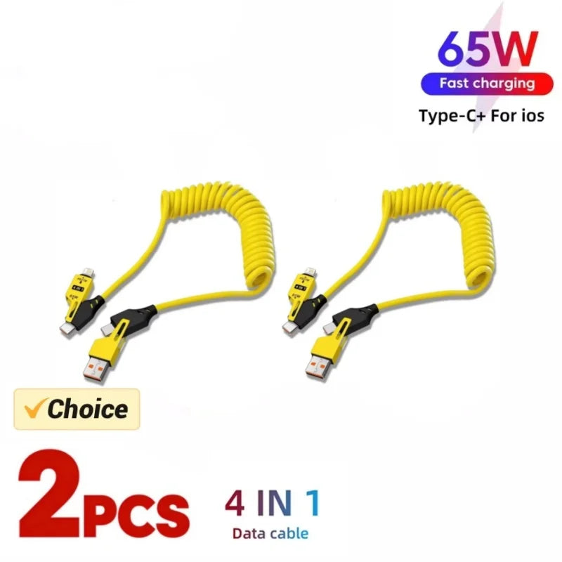 2PCS 4 in 1 65W Spring Short Data Cable 6A USB Type C Spring Telescopic Quick Charger Wire Spring USB Cable for IPhone15 141312 Pi-Mart