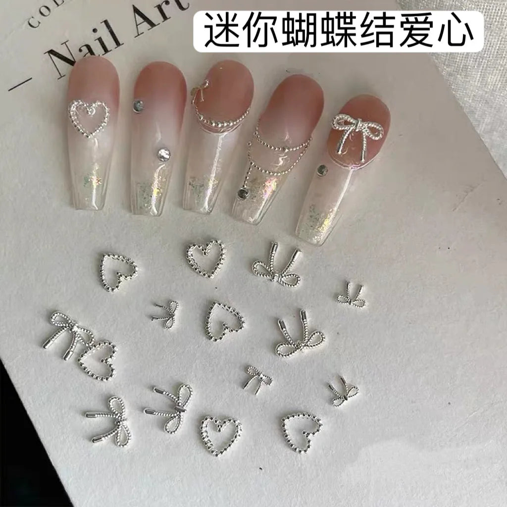 2Sizes Bowtie Love Nail Parts Nail Charms Korea Mini Silver Ribbon Bow tie Alloy Nail Art Accessories 3D Luxury Nail Decorations Pi-Mart