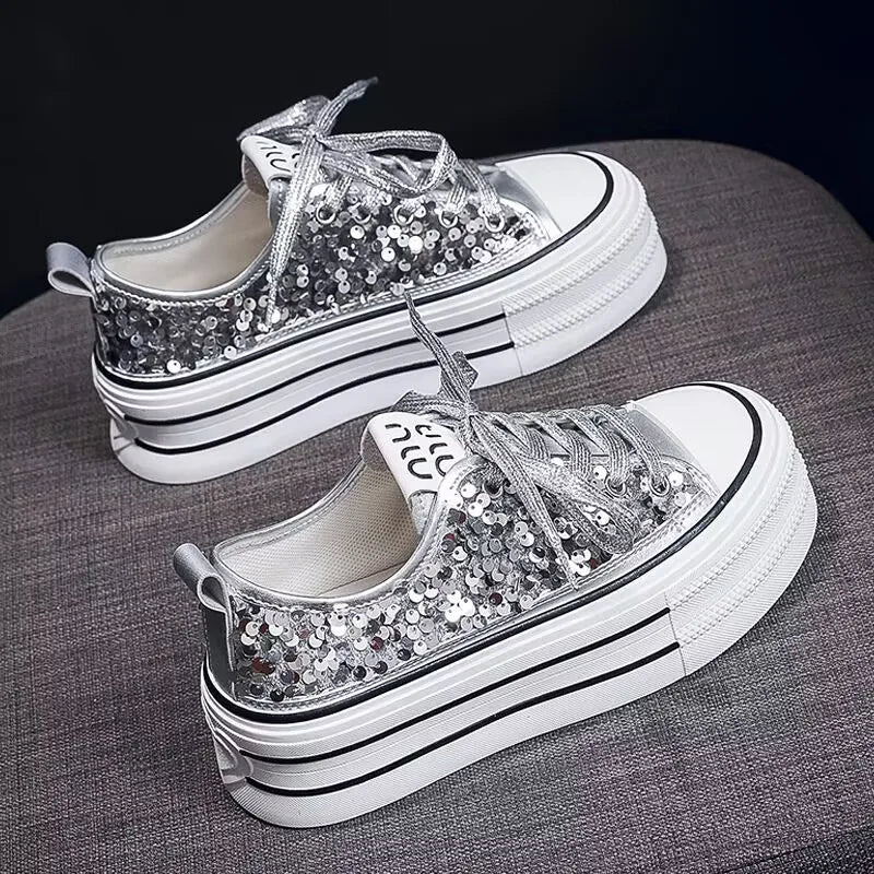 Woman Platform Sneakers Wedge Shoes Female Spring Autumn Sequins Bling Casual Shoes Ladies Thick-soled Canvas Shoes Pi-Mart