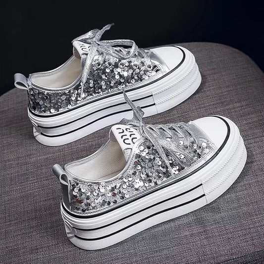 Woman Platform Sneakers Wedge Shoes Female Spring Autumn Sequins Bling Casual Shoes Ladies Thick-soled Canvas Shoes Pi-Mart
