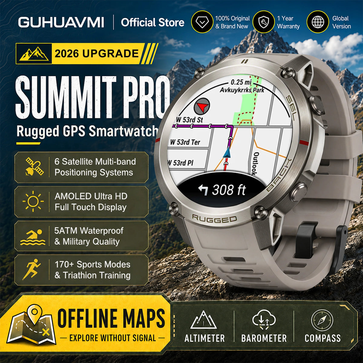2026 Military Satellite Offline Map GPS Smart Watch Men 1.43''AMOLED Bluetooth Call Compass 5ATM Waterproof 170+Sport Smartwatch Pi-Mart