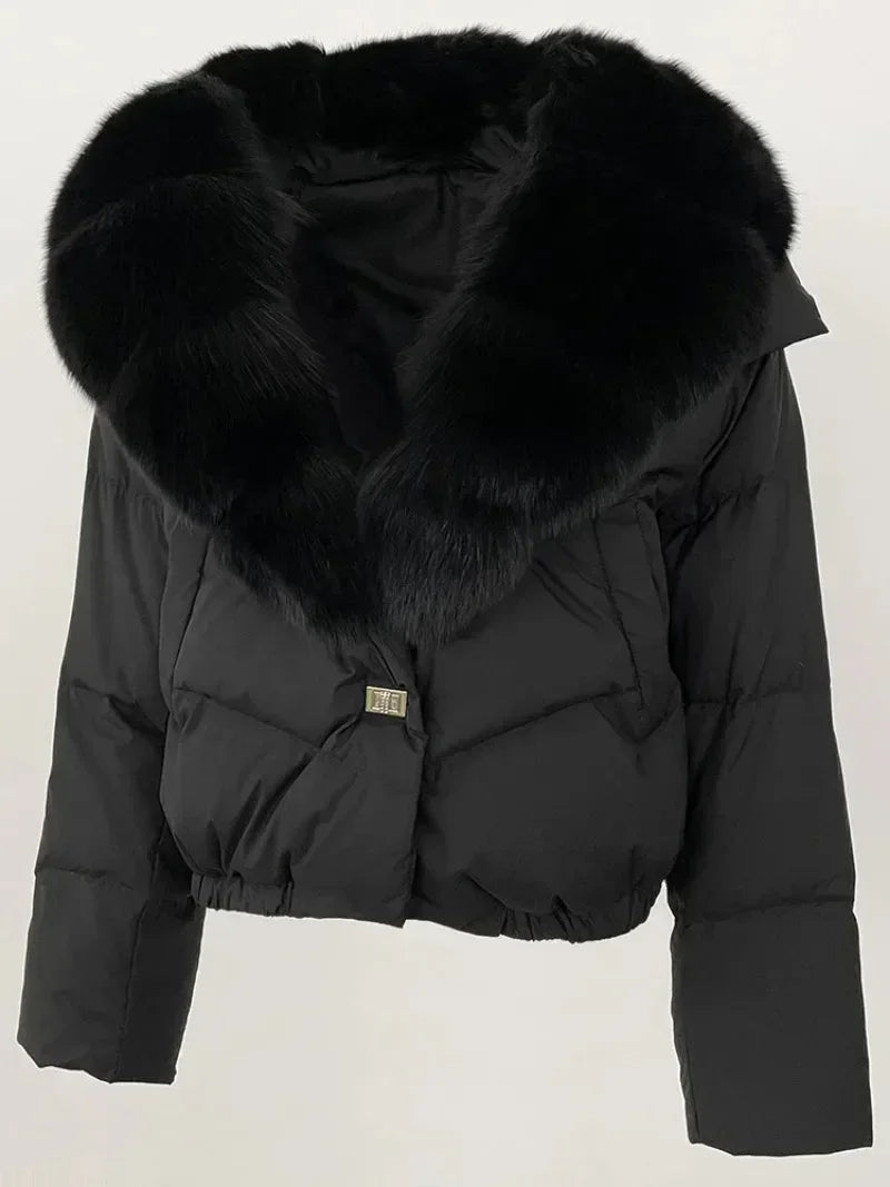 Down Jacket Women Short Puffer Jacket Thick New Big Natural Real Fox Fur Coat  Autumn Winter Female White Duck Down Coat Feather LadyShow.Store