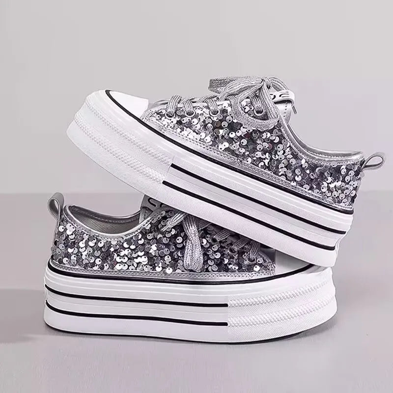 Woman Platform Sneakers Wedge Shoes Female Spring Autumn Sequins Bling Casual Shoes Ladies Thick-soled Canvas Shoes Pi-Mart