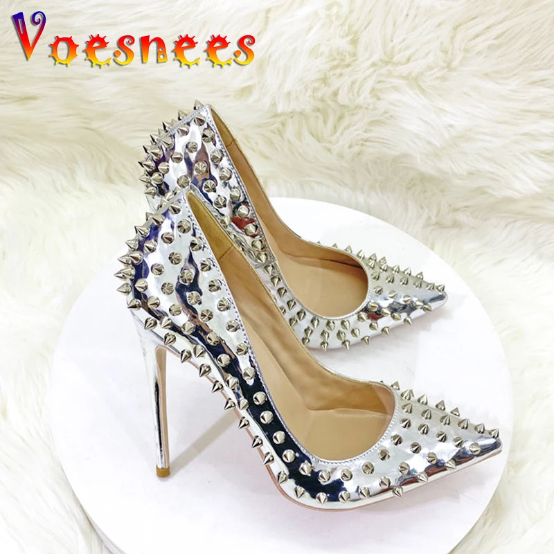 Women New Rivet High Heels 12CM Fashion Pointed Toe Party Single Shoes Europe And America Club Stage Pumps Silver Plus Size 43 Pi-Mart