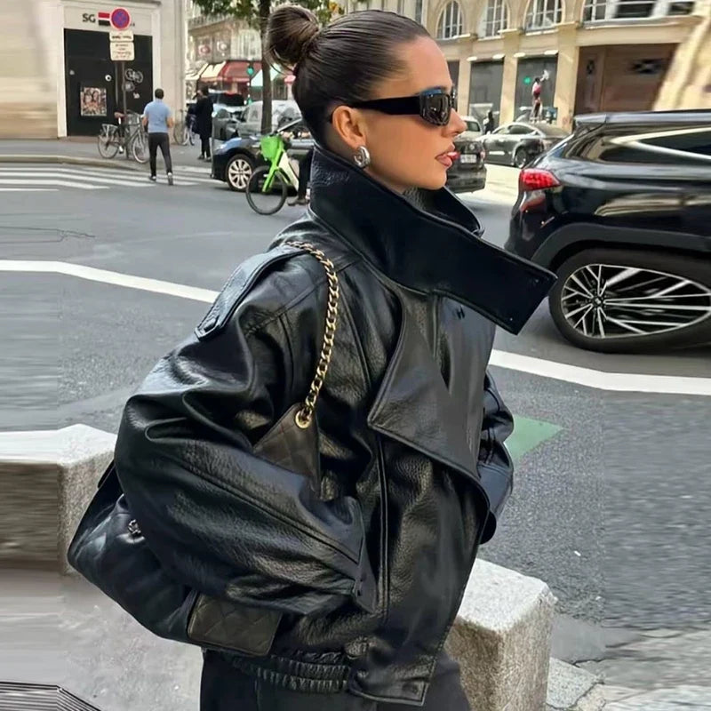 HXAO Faux Leather Black Jackets For Woman New Arrival Cropped Oversize Bomber Jacket Zip-Up Long Sleeve Coats Motorcycle Jackets LadyShow.Store