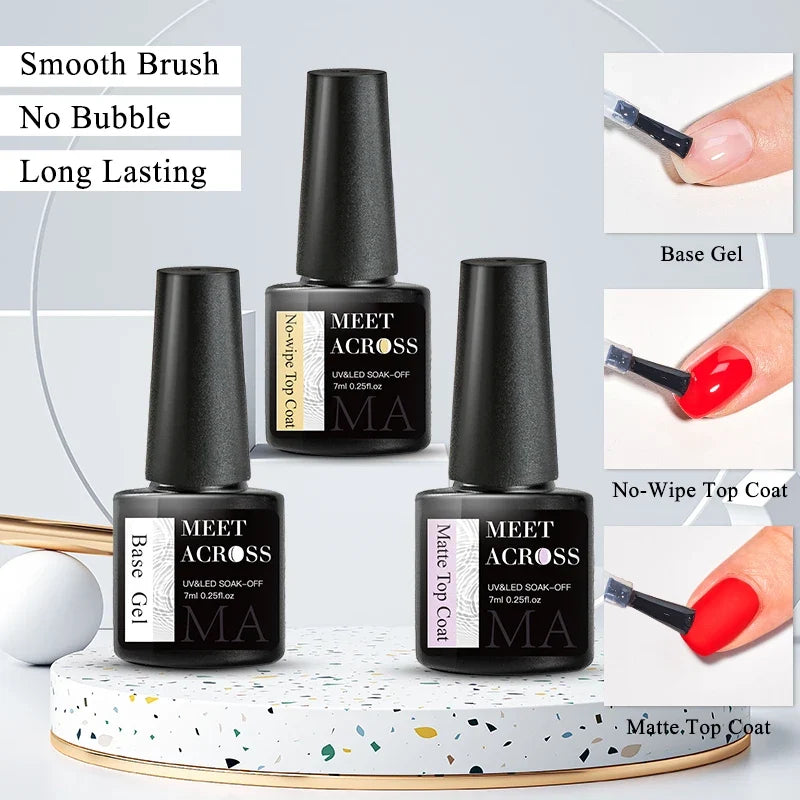 MEET ACROSS 7ml Base Top Coat Gel Polish Soak Off Semi Permanent UV Gel Nail Art Varnish Base Gel Top Coat Gel Varnish Manicure Tri Light Beauty