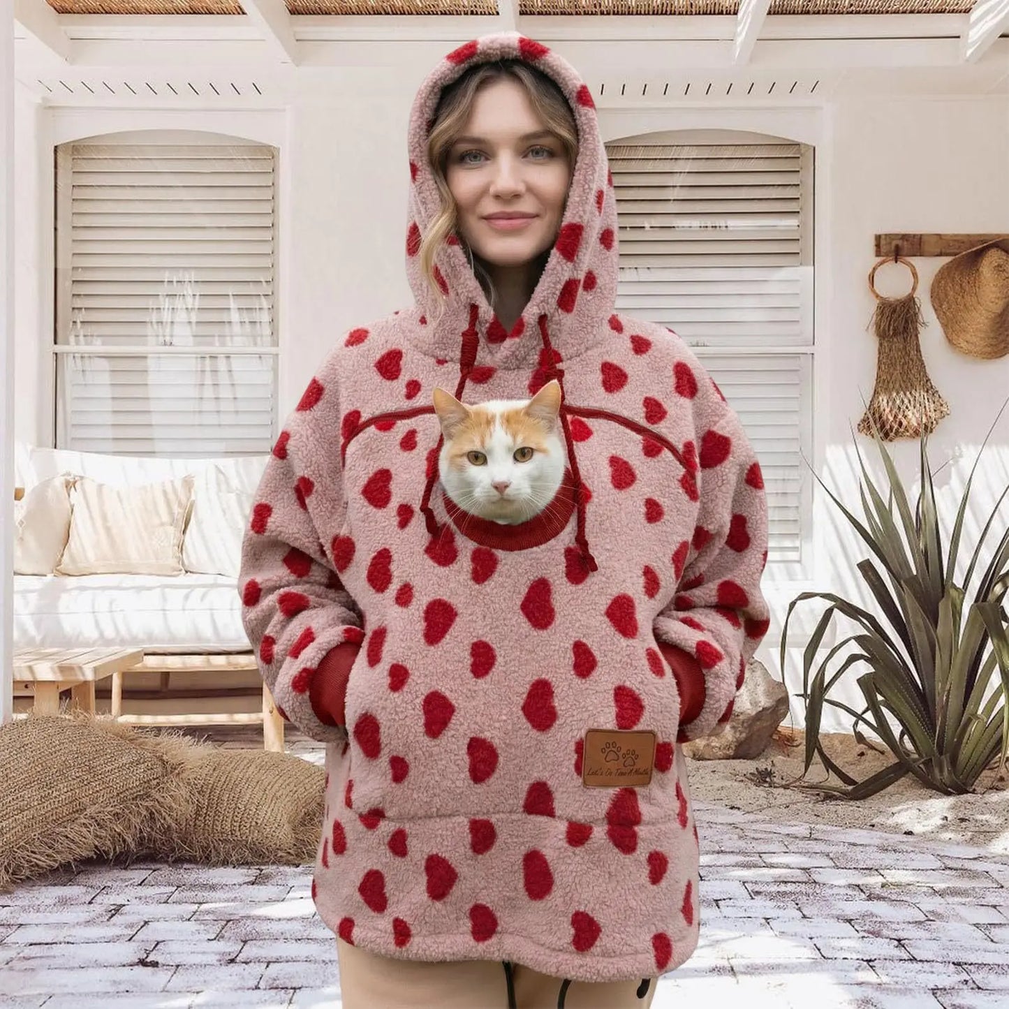 Ladies Winter Hooded Lamb Velvet Zipper Kangaroo Pocket Cat Dog Mommy Outwear Sweatshirt Comfortable Street Style Trendy Fashion LadyShow.Store