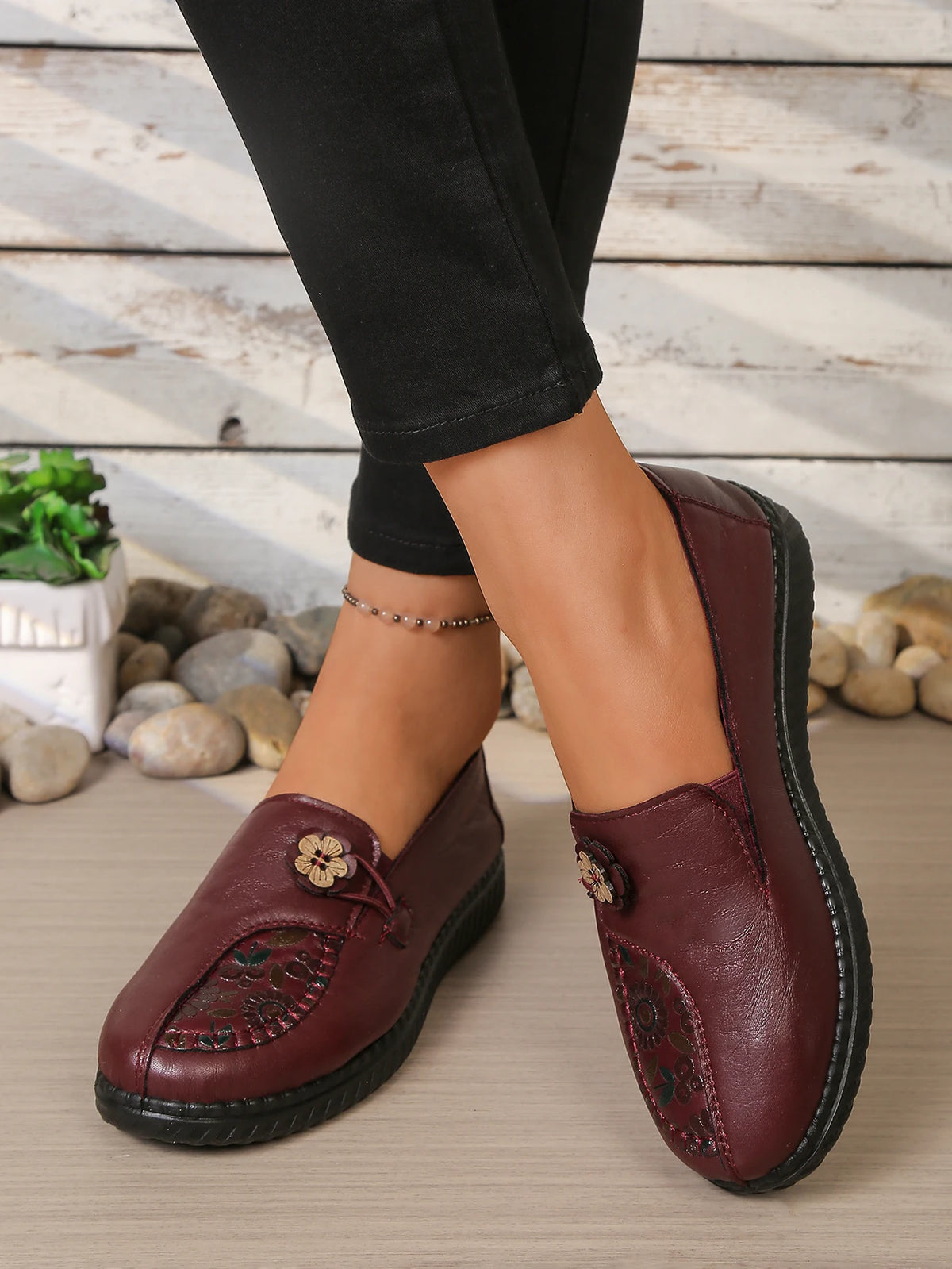 Women's Spring Autumn Leather Loafers Floral Embossed Slip‑On Flats Anti‑Slip Comfort Casual Mom Daily Walking Free Shipping Pi-Mart