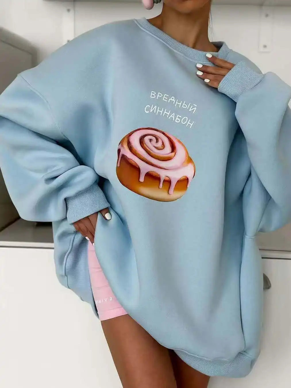 blue Cartoon pastries Russian letter print hip hop O Neck Oversize Sweatshirt Women Thin Spring 2025 Hoodies American Casual Top LadyShow.Store