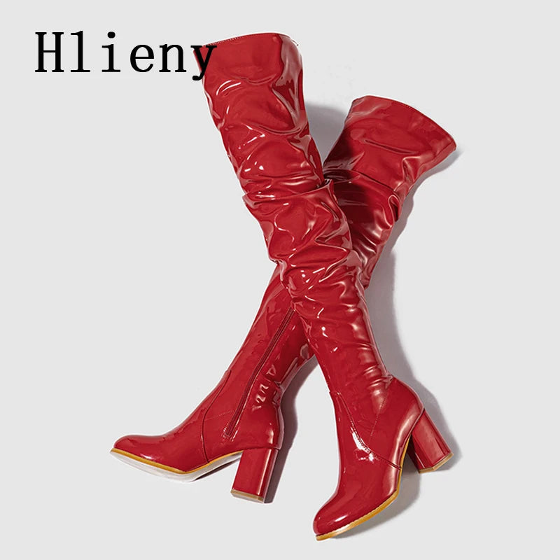 Hlieny 2026 Winter New Thigh High Boots Fashion Patent Leather Round Toe Zip Female Square Heels Pleated Design Women's Shoes Pi-Mart