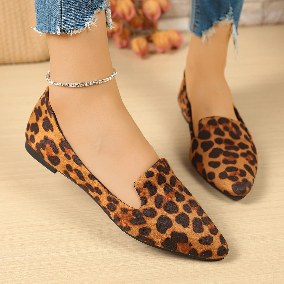 Women Flats Pointed Toe Solid Color Flats for Women Spring/autumn Casual Comfortable Leopard Brown Flat Heel Shoes Pi-Mart