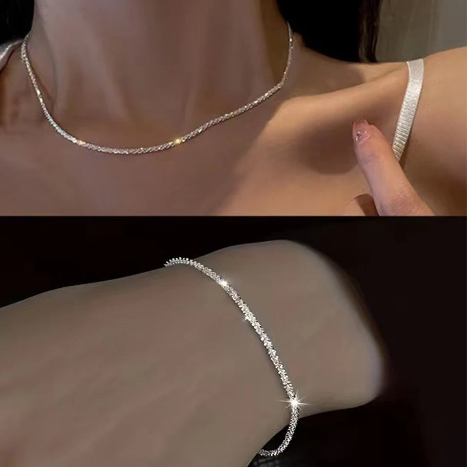 Trend Sparkling Silver Color Choker Necklace For Women Elegant Clavicle Chain Necklace Party Wedding Collar Jewelry Gifts Pi-Mart
