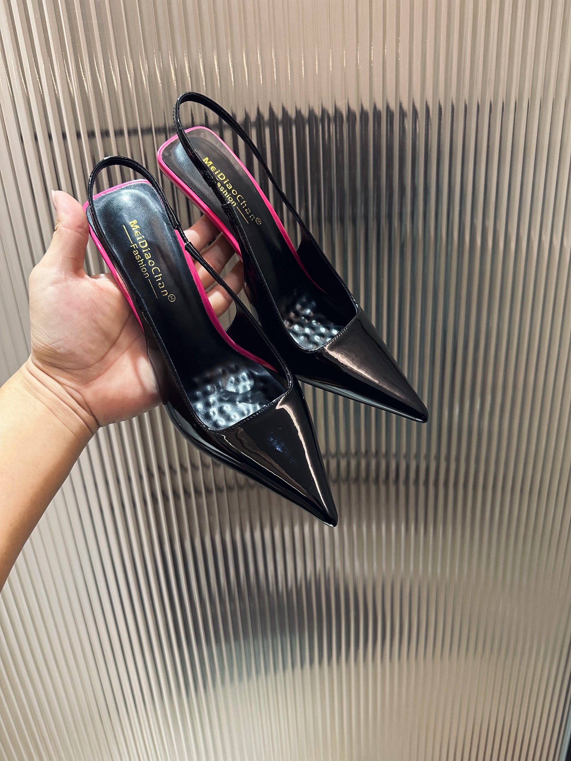 New Patent Leather Pointed Back Hollow Thin Heel Women's Sandals High Heels Thin Heel Sexy Back Hollow Temperament Single Shoe Pi-Mart