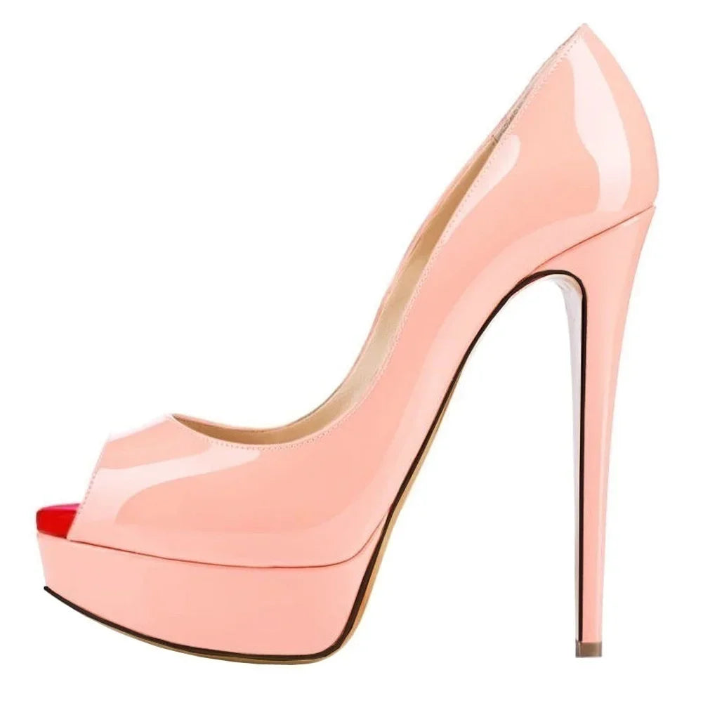 Women Pumps Sexy Platform Peep Toe 14cm Extremely Thin High Heels Stiletto Patent Leather Fashion Party Nighclub Wedding Shoes Pi-Mart