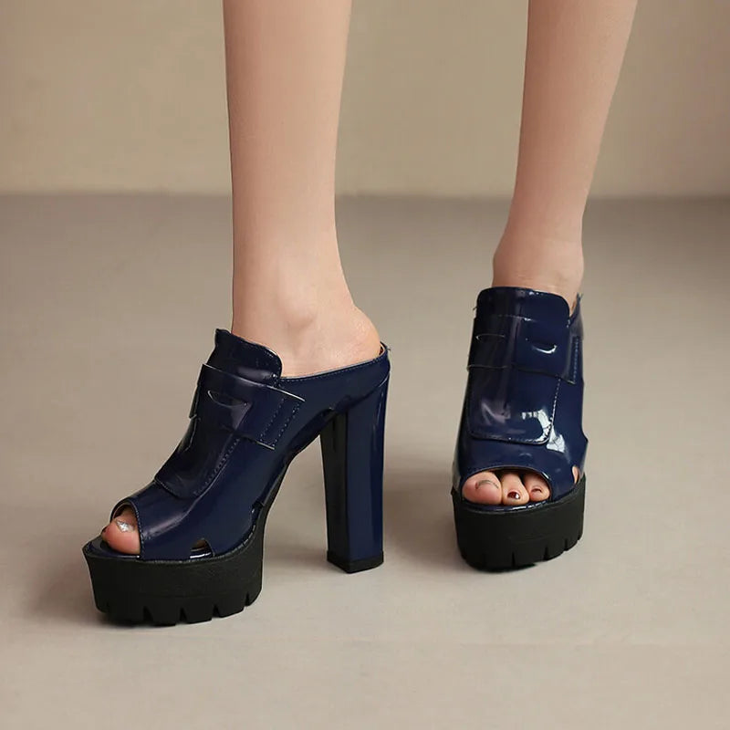 Platform Sandals Women High Heels Slippers Summer Women Shoes Sexy Chunky Heels Slides Patent Leather Zapatillas Mujer WSH5052 LadyShow.Store