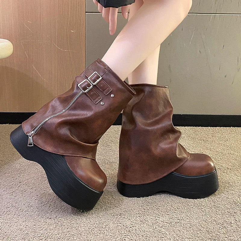 Soft Leather Ankle Mid Calf Boots Winter Autumn High Platform Wedge British Booties Woman New Ladies Chunky Motorcycle Boots 9CM LadyShow.Store