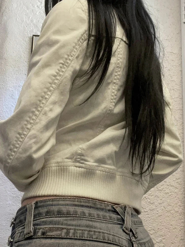 Vintage Cropped Jackets Women Harajuku Casual Slim Fit Zipper Coat Y2K Streetwear Long Sleeve Outerwear Autumn New Arrival Pi-Mart