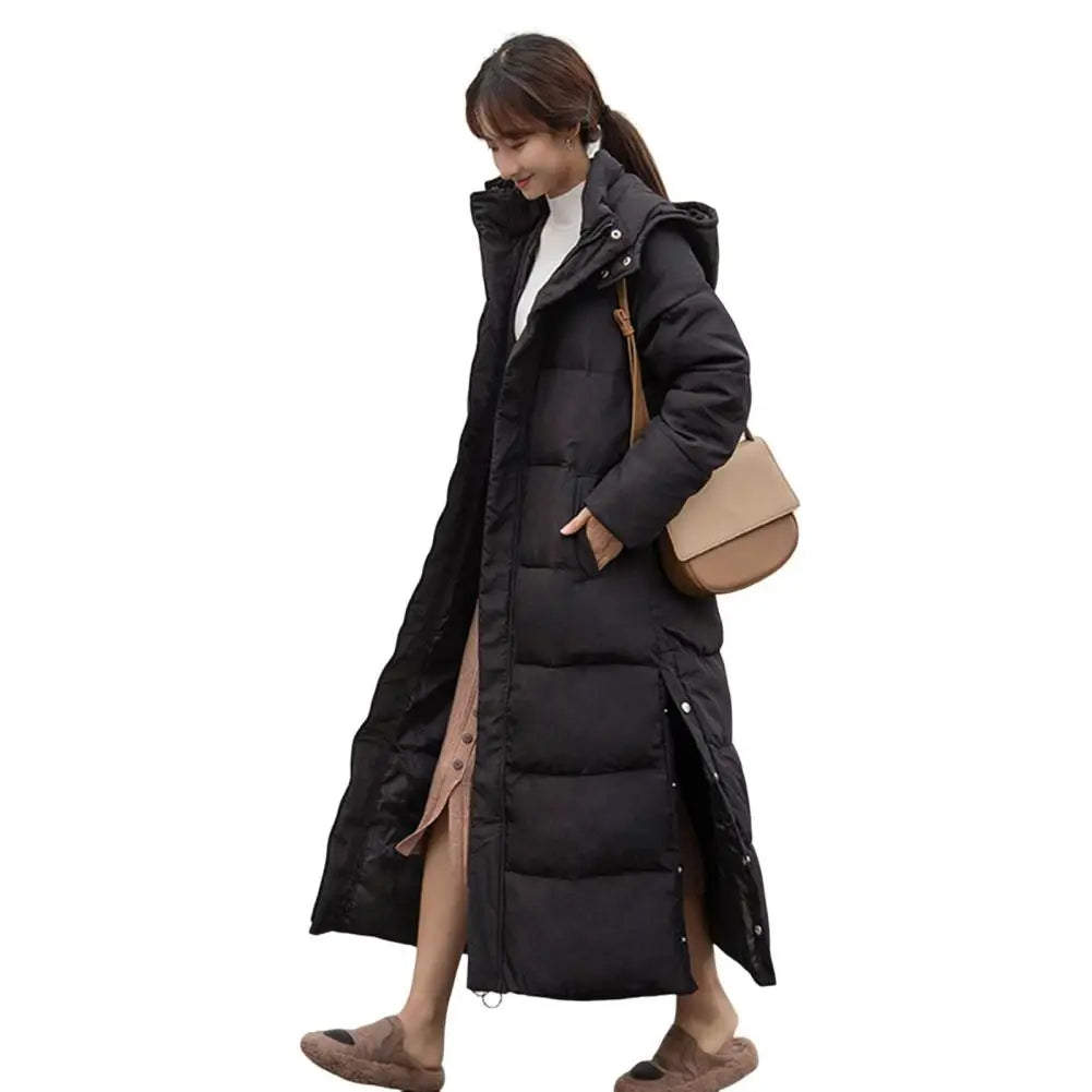 2024 Oversized Coat Hooded Long Sleeve Pockets Side Slit Hem Down Jacket Pockets Thickened Long Warm Down Cotton Outwear LadyShow.Store